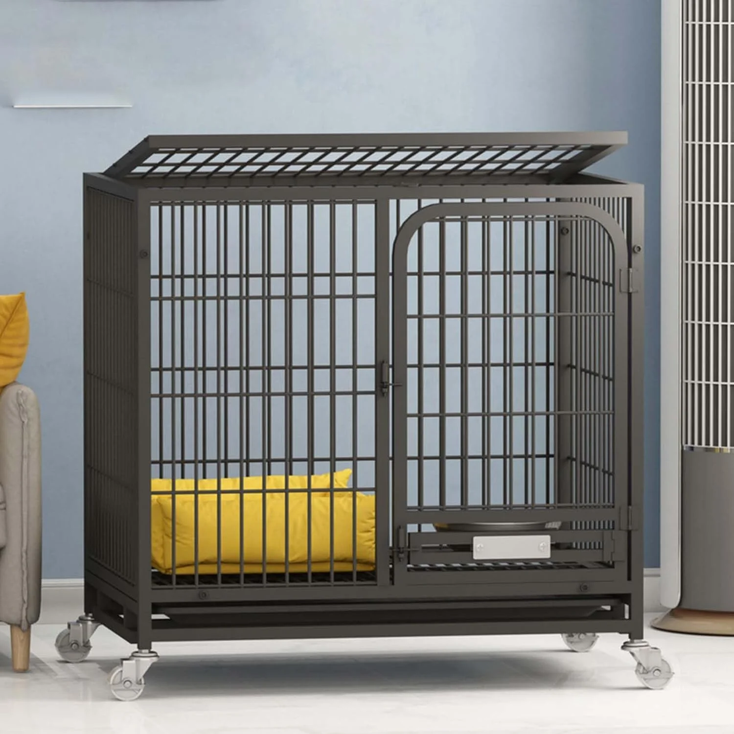 قفس سگ، قفس حیوانات خانگی، تک درب با نورگیر، به همراه سینی، 96 * 65 * 86 سانتی متر، مشکی/سفید (61 * 44 * 57، مشکی)