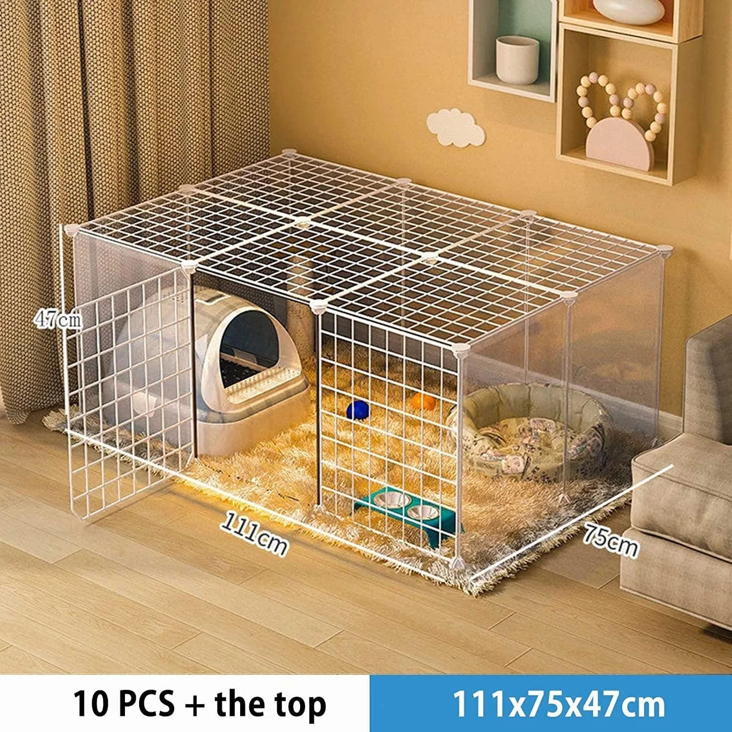 قفس گربه جعبه ای، محوطه بازی حیوانات خانگی DIY جداشدنی با جعبه، تمیز کردن آسان، محل تمرین بزرگ ایده آل برای 1-3 گربه، 111x75x47 سانتی متر