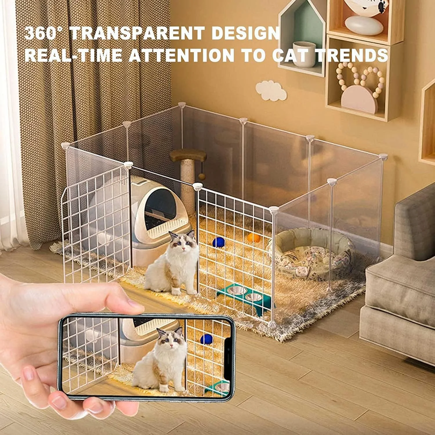 قفس گربه جعبه ای، محوطه بازی حیوانات خانگی DIY جداشدنی با جعبه، تمیز کردن آسان، محل تمرین بزرگ ایده آل برای 1-3 گربه، 111x75x47 سانتی متر