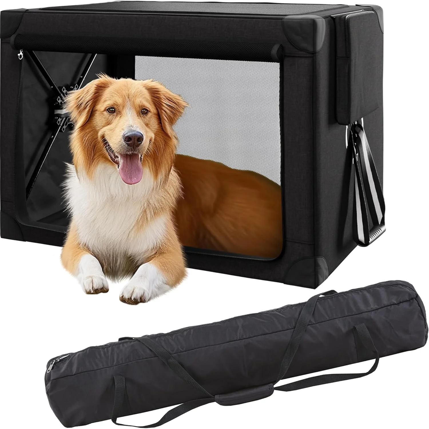  باکس حمل سگ کوزز، تاشو و قابل حمل سایز بزرگ 37 اینچی، با کیف نگهداری جداشدنی، پد جداشدنی و پنجره های توری برای فضای باز و داخل خانه (مشکی)