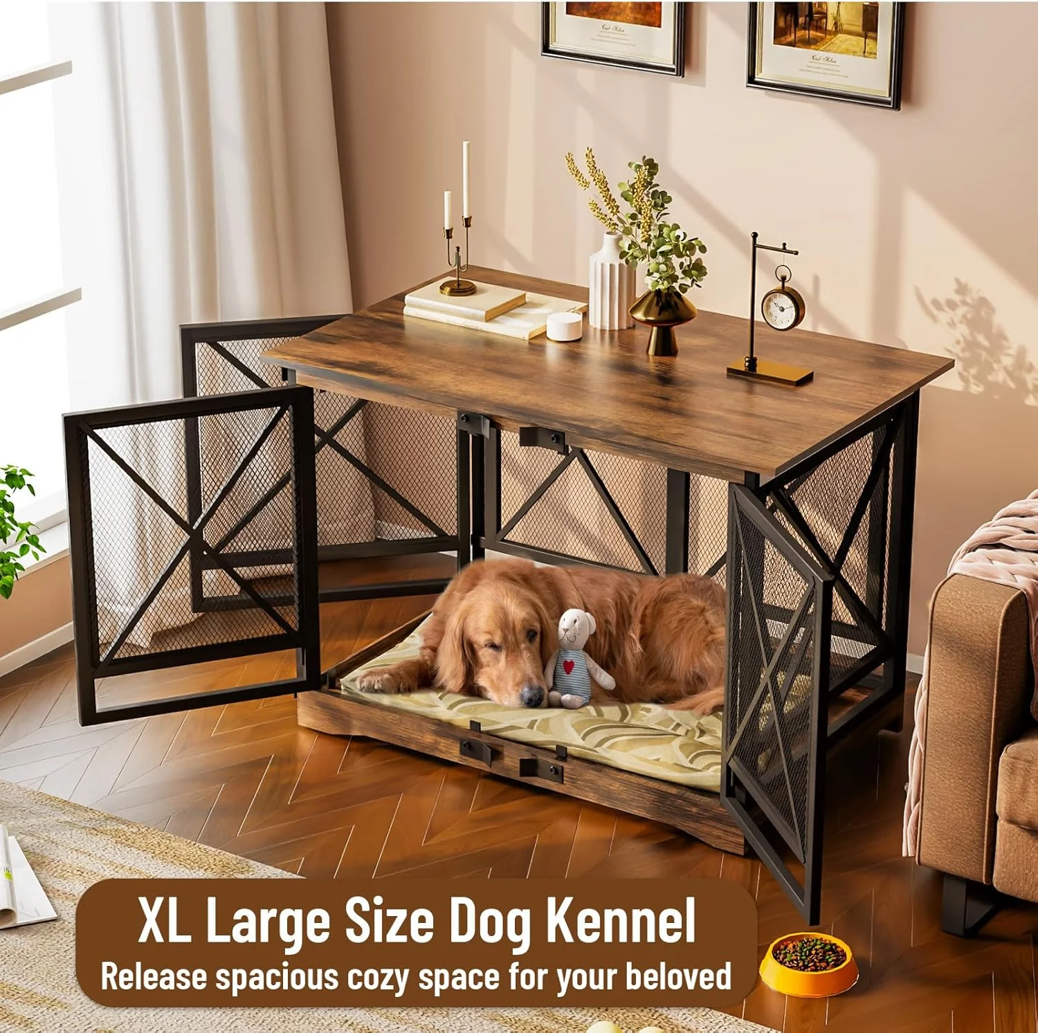 قفس سگ بزرگ مبلمان COZPAW - لانه سگ مقاوم 48 اینچی مناسب نژادهای خیلی بزرگ با دو درب، قفس سگ چوبی XL میز کناری تزئینی مدرن خانه حیوانات خانگی (قهوه ای)