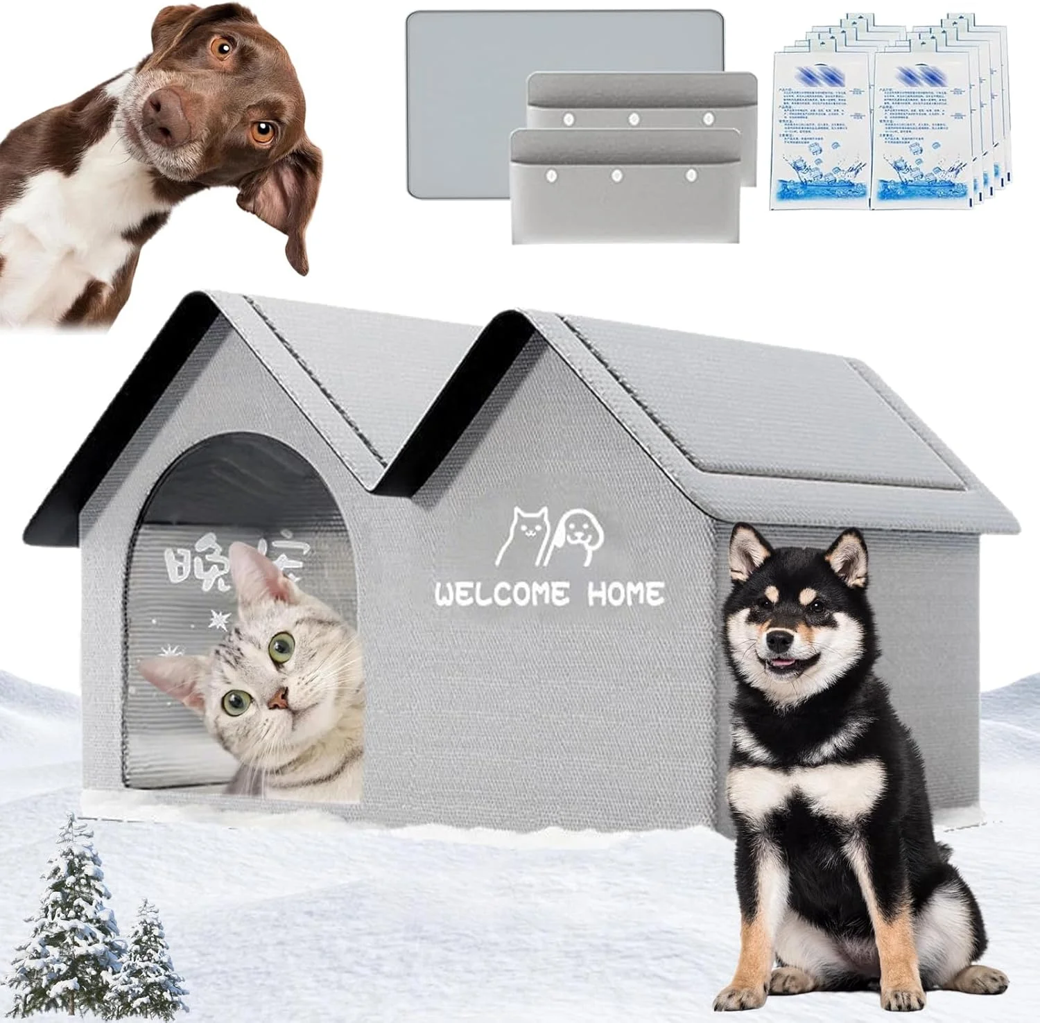2025 New Air Conditioner Cat House, Air Conditioned Dog House, Dog House with Ac, Pet Cooling House with Removable Pad & Ice Pack, for Small, Medium and Large Dogs and Cats (Gray,L)