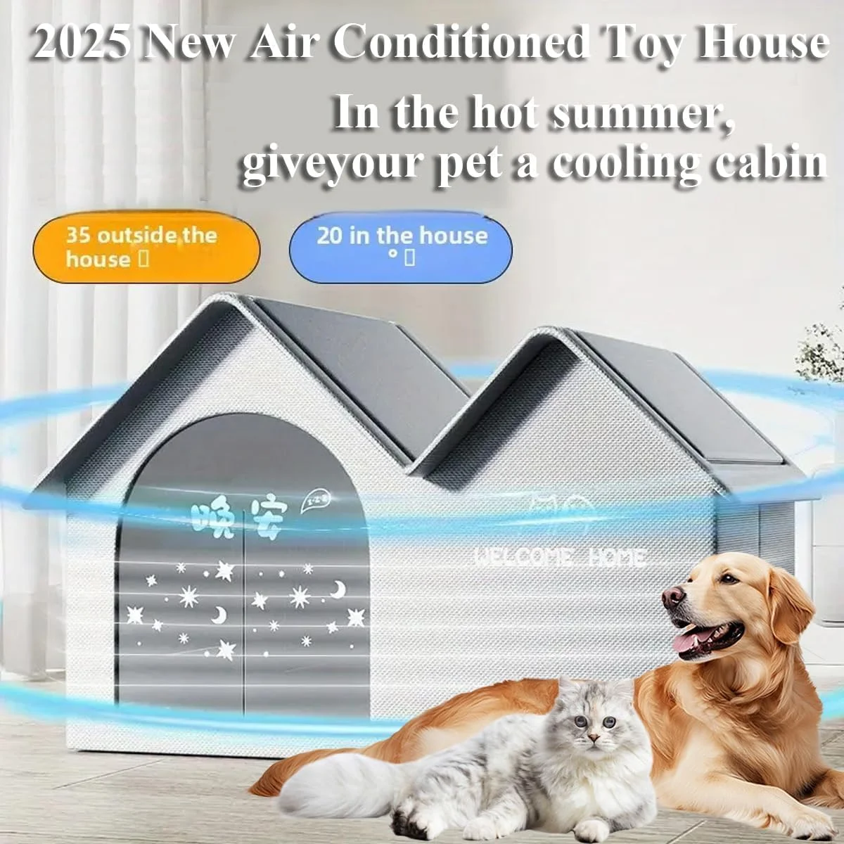 2025 New Air Conditioner Cat House, Air Conditioned Dog House, Dog House with Ac, Pet Cooling House with Removable Pad & Ice Pack, for Small, Medium and Large Dogs and Cats (Gray,L)