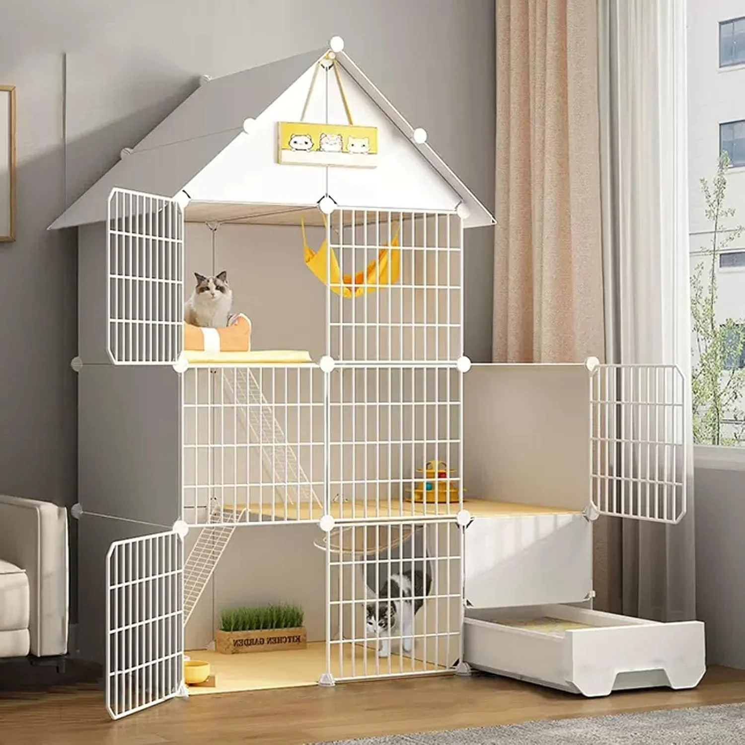 قفس تاشو گربه به همراه جعبه خاک، محوطه گربه 2/3 طبقه، پارک بازی گربه DIY، پارک بازی حیوانات خانگی با سیم فلزی متراکم، خانه گربه DIY بزرگ و جداشدنی برای تمرین (اندازه: B-43.7*15.4*55.9 اینچ/111*39*142 سانتی متر)