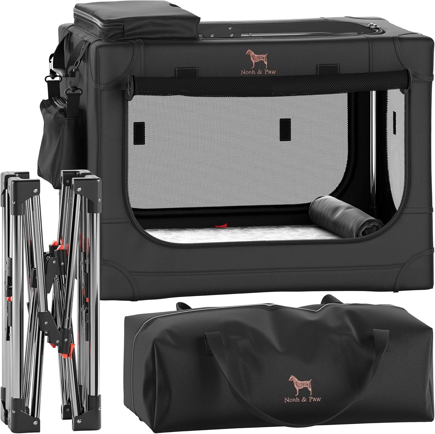  باکس حمل تاشو سگ نوح اند پا، سایز 26 اینچ، باکس سگ کوچک برای نژادهای کوچک و متوسط، باکس مسافرتی برای خودرو، شامل پد مخصوص حیوانات خانگی برای قفس حیوانات، 2 جیب ذخیره سازی، کیف دستی، زیپ قفل شونده 10 میلی متری 26 * 17 * 17