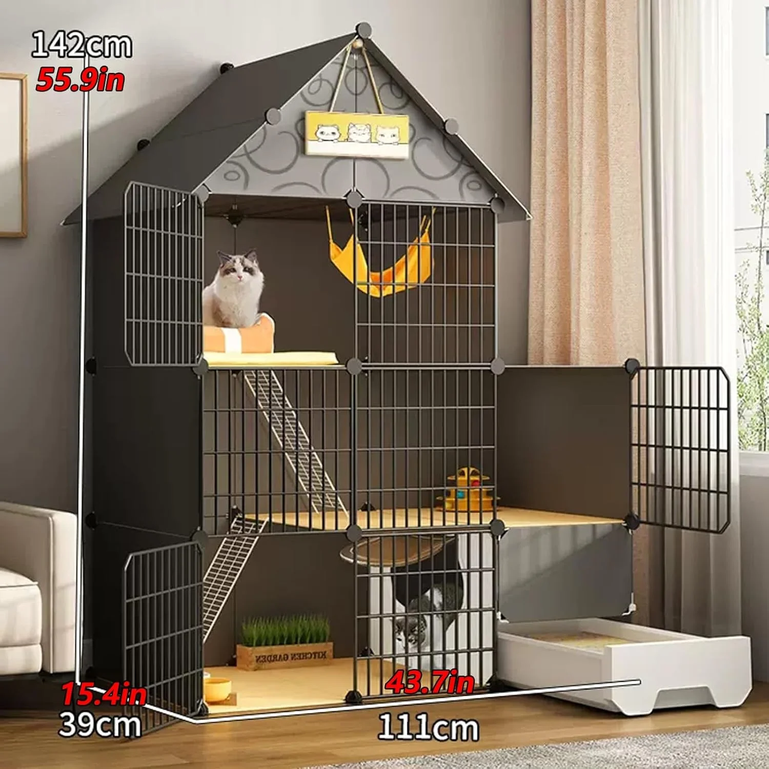 قفس تاشو گربه به همراه جعبه خاک، محوطه گربه 2/3 طبقه، پارک بازی گربه DIY، پارک بازی حیوانات خانگی با سیم فلزی متراکم، خانه گربه DIY بزرگ و جداشدنی برای تمرین (اندازه: B-43.7*15.4*55.9 اینچ/111*39*142 سانتی متر)