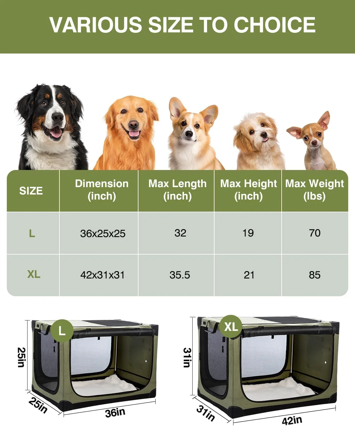 باکس حمل تاشو سگ سایز 42 اینچ مناسب سگ های متوسط و بزرگ، باکس سگ قابل حمل با 4 درب تاشو و پنجره های توری مقاوم در برابر جویدن برای سفر در داخل و خارج از منزل، همراه با کیف نگهداری، سبز