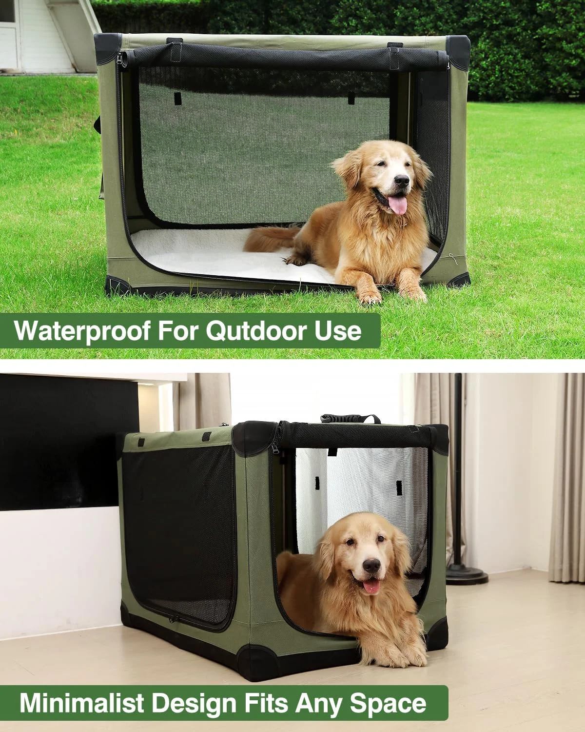 باکس حمل تاشو سگ سایز 42 اینچ مناسب سگ های متوسط و بزرگ، باکس سگ قابل حمل با 4 درب تاشو و پنجره های توری مقاوم در برابر جویدن برای سفر در داخل و خارج از منزل، همراه با کیف نگهداری، سبز