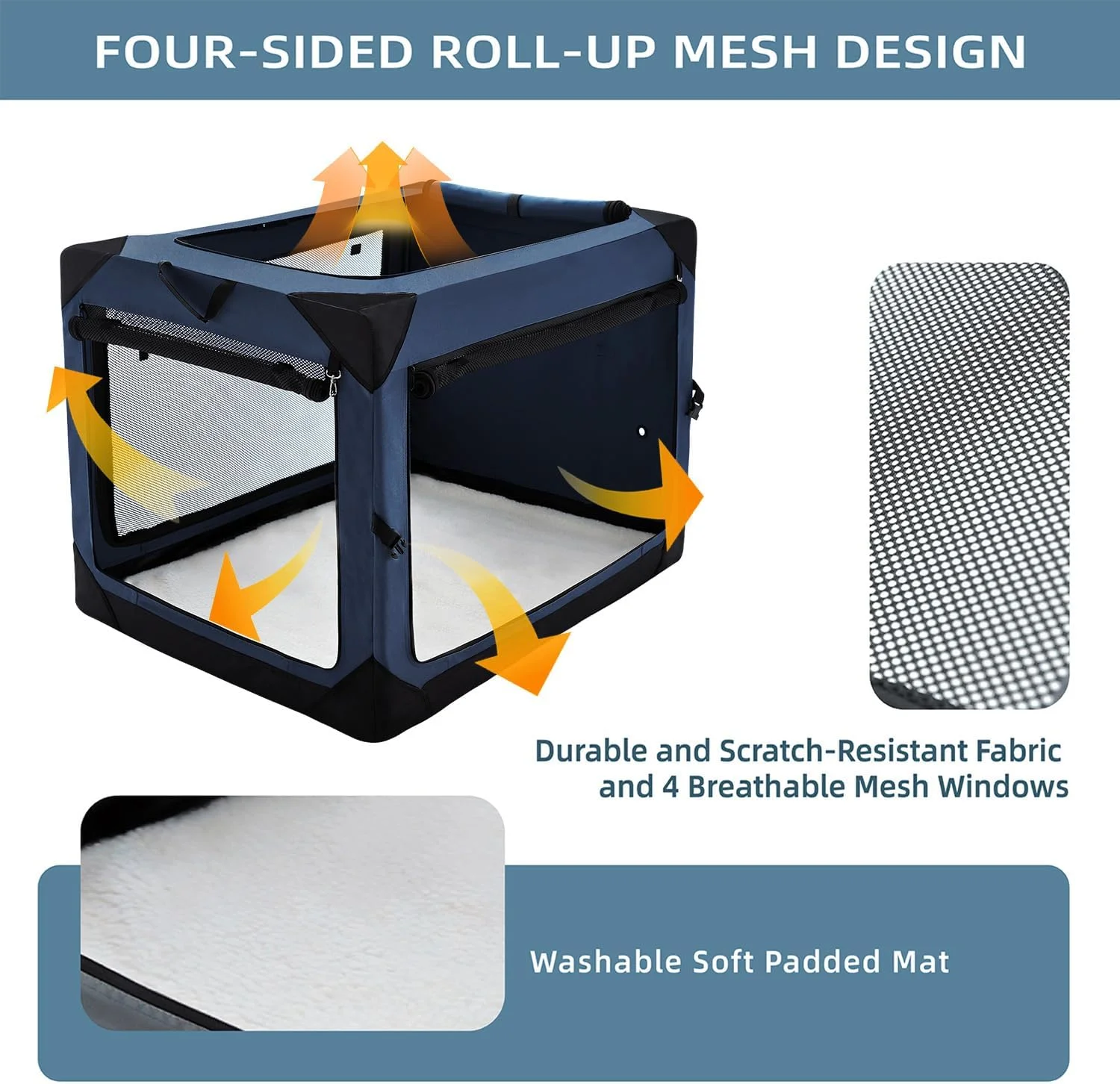  باکس تاشو 90 سانتی متری برای سگ های بزرگ، لانه نرم تاشو 4 در با پنجره های توری مقاوم در برابر جویدن برای سفر در داخل و خارج از منزل، سرمه ای