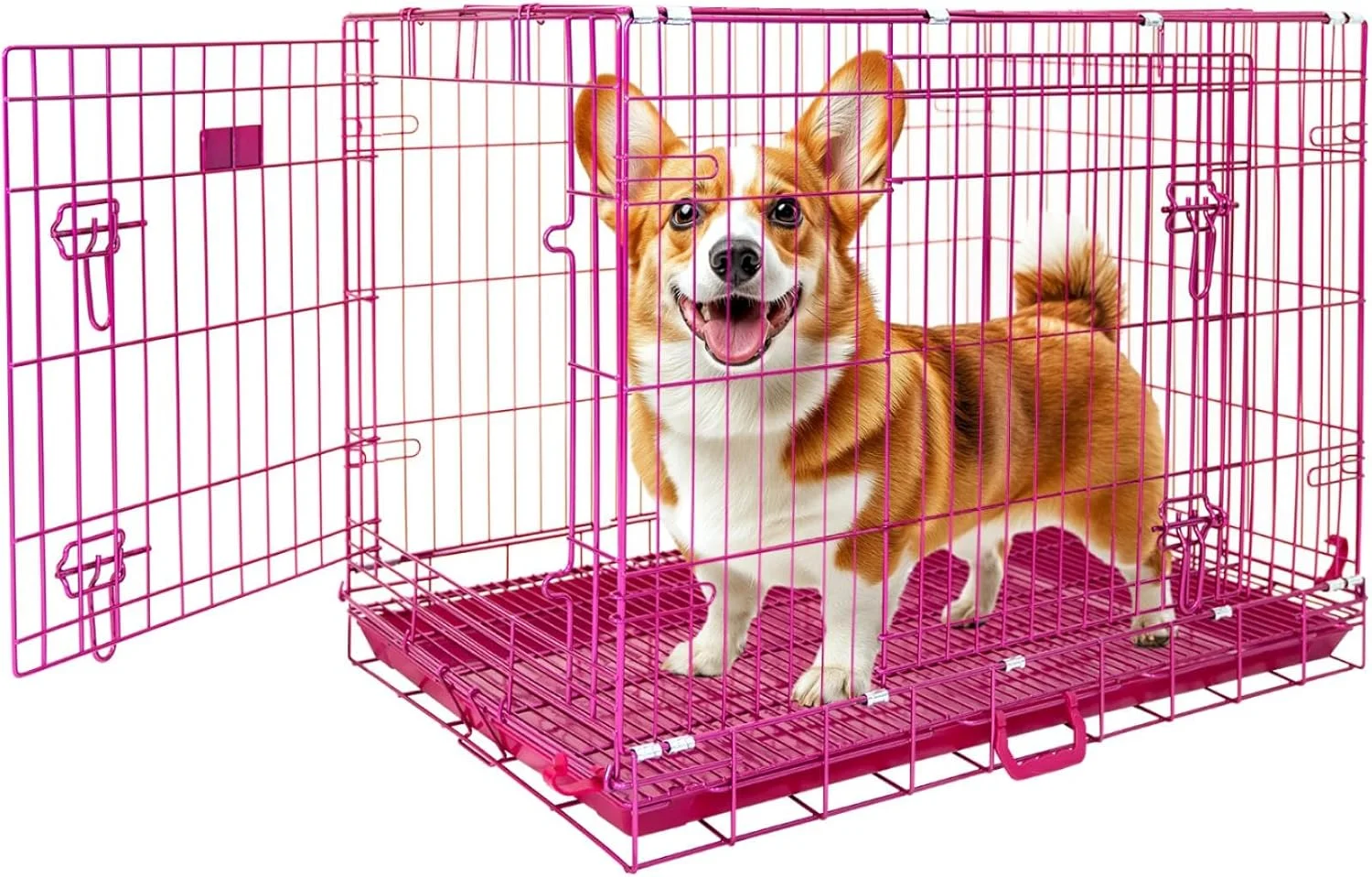 قفس سگ 36 اینچی HOMEY PET، قفس سگ صورتی زیبا، لانه سگ متوسط تاشو برای داخل خانه، قفس سگ فلزی با روکش نانو با سینی توری کف قابل جابجایی، دو درب با قفل دوبل، دسته قابل حمل