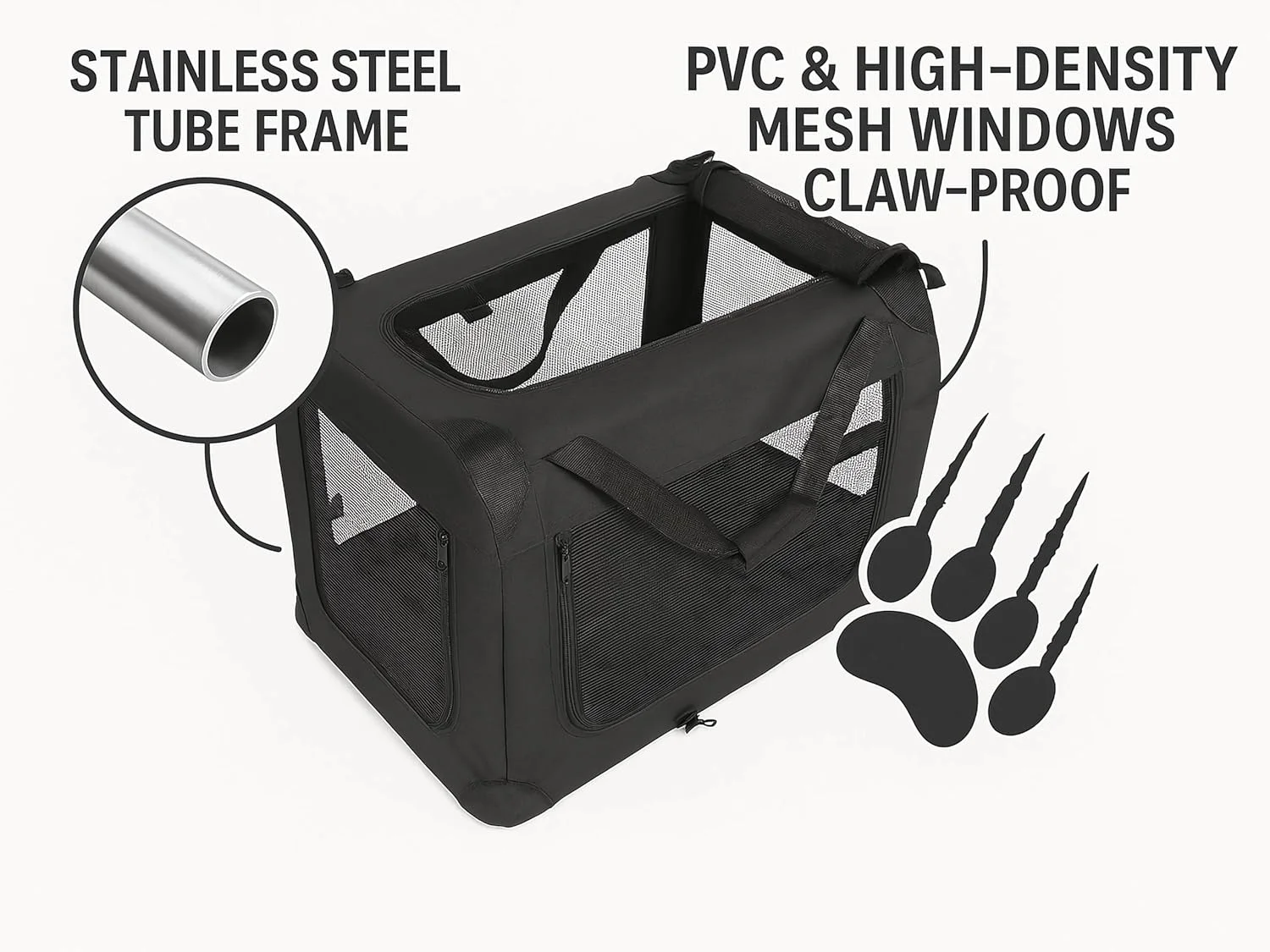قفس سگ تاشو 3 درب برای سگ های متوسط، گربه ها، خرگوش، لانه نرم تاشو داخلی و خارجی با قاب لوله فولادی، قفس حیوانات خانگی قابل حمل با پانل های مشبک تقویت شده، 68x50x50 سانتی متر، مشکی
