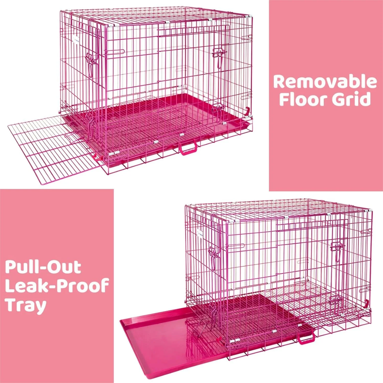 قفس سگ 36 اینچی HOMEY PET، قفس سگ صورتی زیبا، لانه سگ متوسط تاشو برای داخل خانه، قفس سگ فلزی با روکش نانو با سینی توری کف قابل جابجایی، دو درب با قفل دوبل، دسته قابل حمل