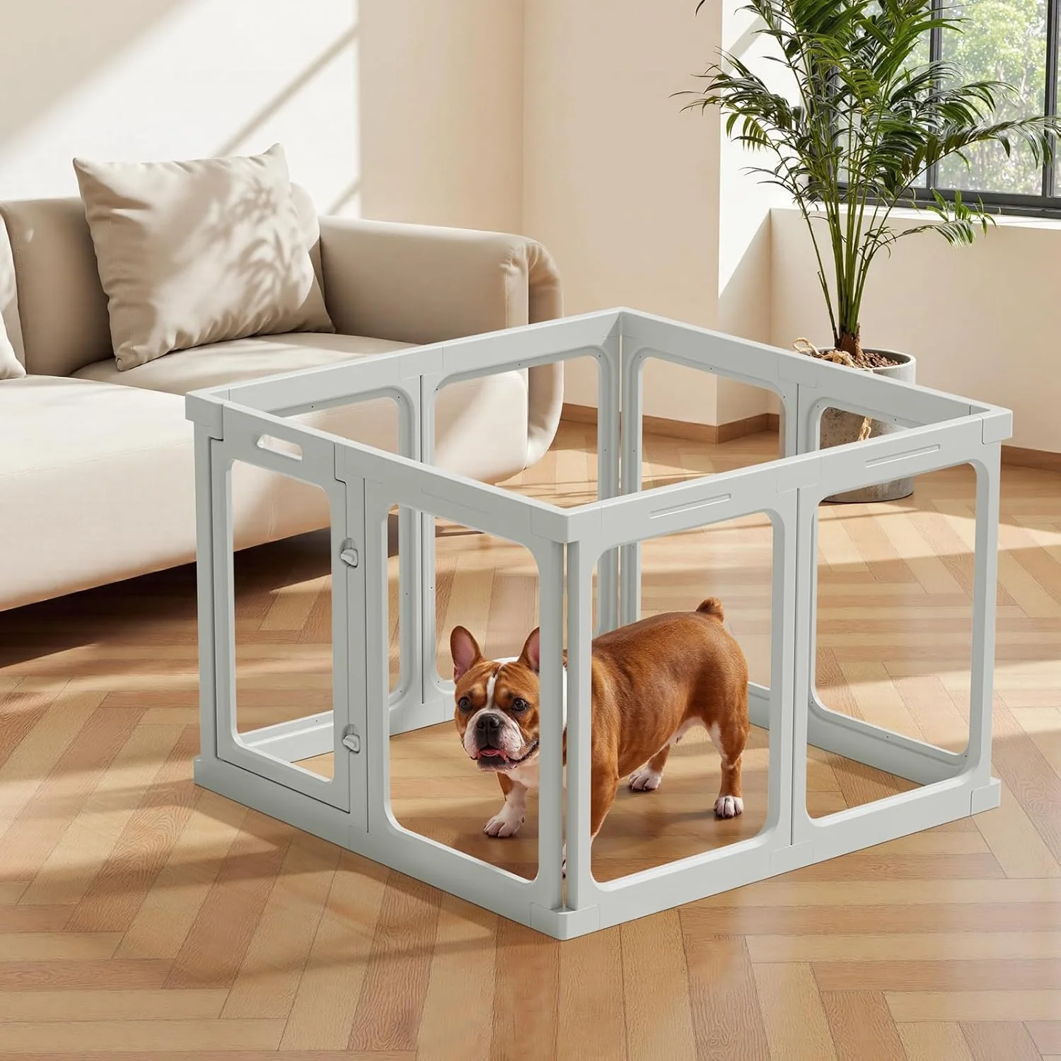 محوطه بازی سگ اکریلیک شفاف - 7.8 فوت مربع، ارتفاع 24 اینچ، 8 صفحه حصار سگ شفاف داخلی، محوطه حیوانات خانگی مستحکم برای توله سگ/سگ کوچک/خرگوش/گربه/خوک، مونتاژ آسان و تمیز کردن محفظه جعبه زایمان پلاستیکی، خاکستری