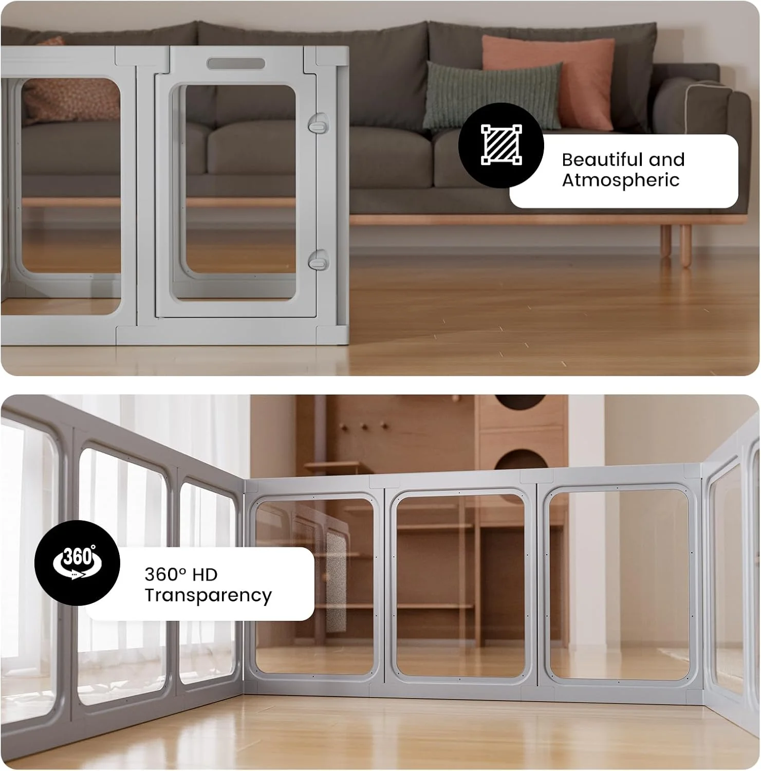 محوطه بازی سگ اکریلیک شفاف - 7.8 فوت مربع، ارتفاع 24 اینچ، 8 صفحه حصار سگ شفاف داخلی، محوطه حیوانات خانگی مستحکم برای توله سگ/سگ کوچک/خرگوش/گربه/خوک، مونتاژ آسان و تمیز کردن محفظه جعبه زایمان پلاستیکی، خاکستری