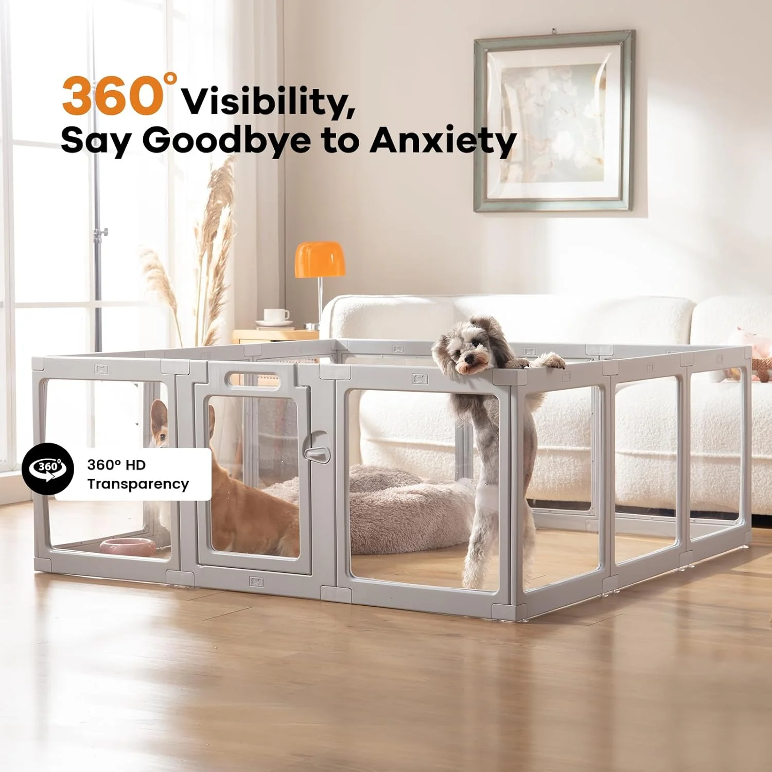 محوطه بازی سگ اکریلیک شفاف داخل خانه - مونتاژ آسان محوطه بازی پلاستیکی حیوانات خانگی کوچک برای توله سگ گربه خرگوش خوک حصار شفاف قفس زایمان (خاکستری، 10 پنل)