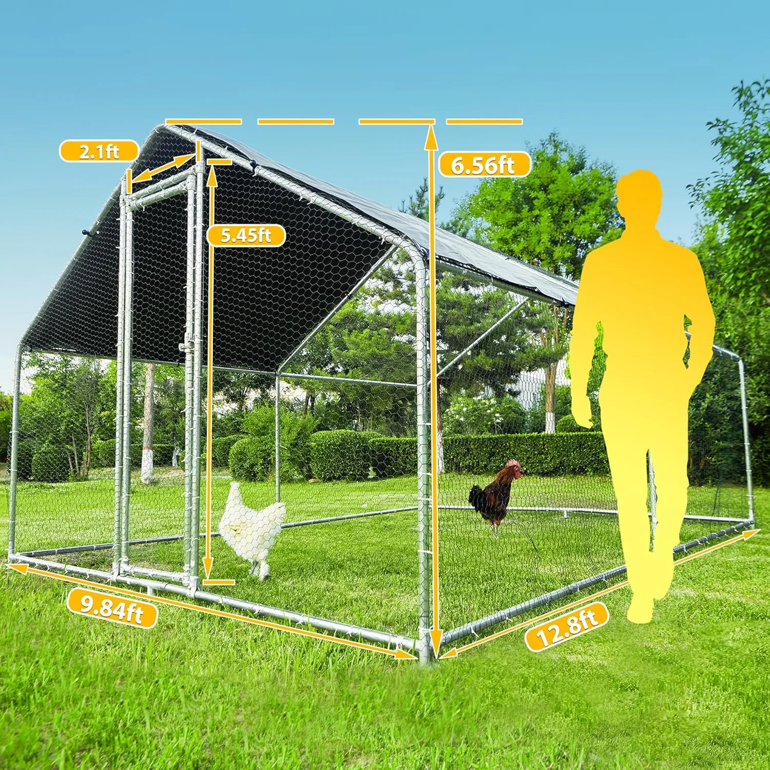 قفس بزرگ فلزی مرغ، محوطه مرغ برای حیاط با پوشش، قفس راه رفتنی طیور برای 10 تا 20 مرغ، محوطه مرغابی با سقف ضد آب و درب تغذیه، لانه مرغ اسپایر 12.8Lx9.84Wx6.6H فوت