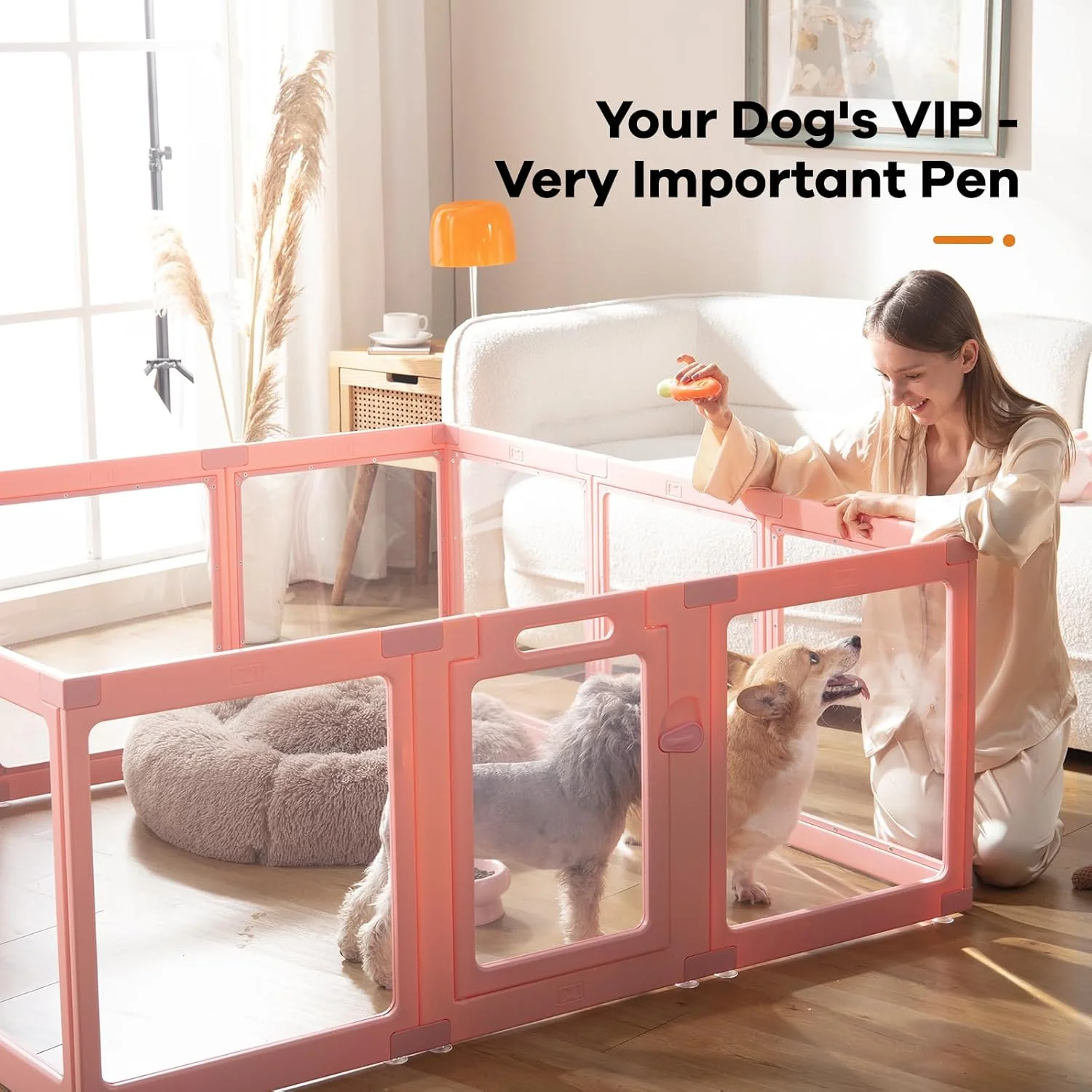 محوطه بازی سگ اکریلیک شفاف برای داخل خانه - مونتاژ آسان محوطه بازی پلاستیکی حیوانات خانگی کوچک برای توله سگ گربه خرگوش خوک حصار شفاف قفس زایمان (صورتی، 8 پنل)