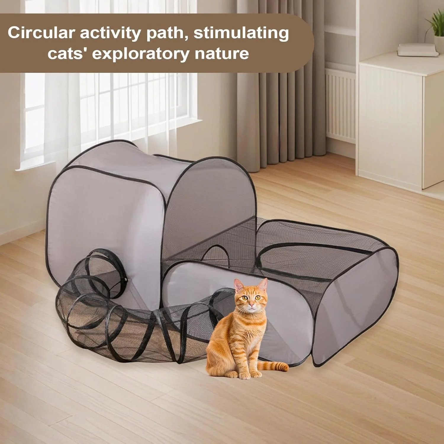 محوطه بازی گربه - محفظه تاشو گربه، چادر توری قابل حمل | خانه بازی تاشو توری تنفسی با تونل، چادر حیوانات خانگی برای حیاط زمین بازی باغ