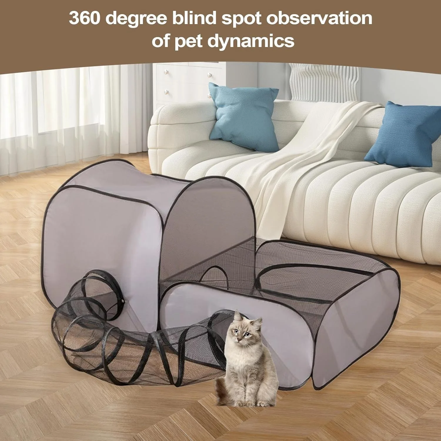 محوطه بازی گربه - محفظه تاشو گربه، چادر توری قابل حمل | خانه بازی تاشو توری تنفسی با تونل، چادر حیوانات خانگی برای حیاط زمین بازی باغ