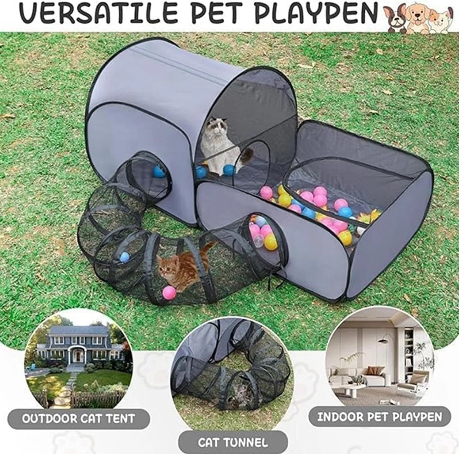 محوطه بازی گربه - چادر بازی گربه تونلی - خانه حیوانات خانگی سرپوشیده برای بچه گربه ها، توله سگ، خانه تاشو چند منظوره، اسباب بازی های تعاملی، زمین بازی ورزشی برای خوکچه هندی، مسافرت با توله سگ