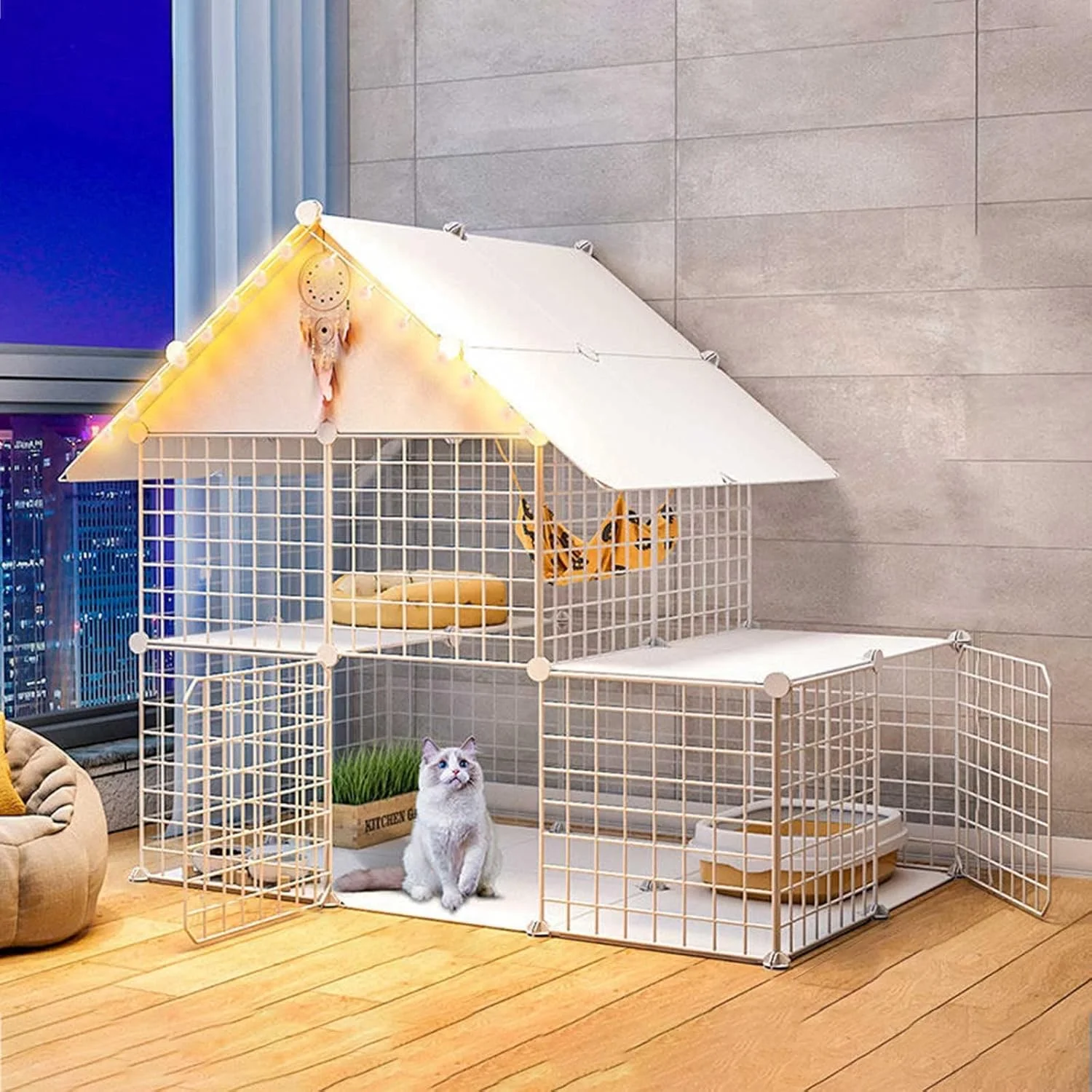قفس گربه - پارک بازی قفس گربه 2 طبقه، محفظه گربه سرپوشیده، قفس بچه گربه، قفس راسو، قفس سگ برای سگ های کوچک - برای حیوانات کوچک، توله سگ، سفید - 111x75x109 سانتی متر
