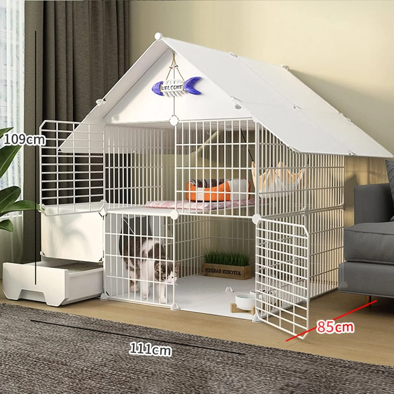 قفس گربه - محوطه بازی گربه، قفس راسو با درب و جعبه خاک گربه بسته، محوطه بازی حیوانات خانگی DIY، قفس لانه گربه تاشو، حصار حیاط برای حیوانات کوچک خرگوش، مجموعه a-111 * 85 * 109CM