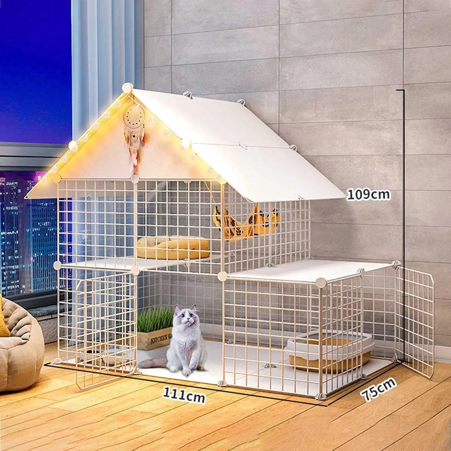 قفس گربه - پارک بازی قفس گربه 2 طبقه، محفظه گربه سرپوشیده، قفس بچه گربه، قفس راسو، قفس سگ برای سگ های کوچک - برای حیوانات کوچک، توله سگ، سفید - 111x75x109 سانتی متر