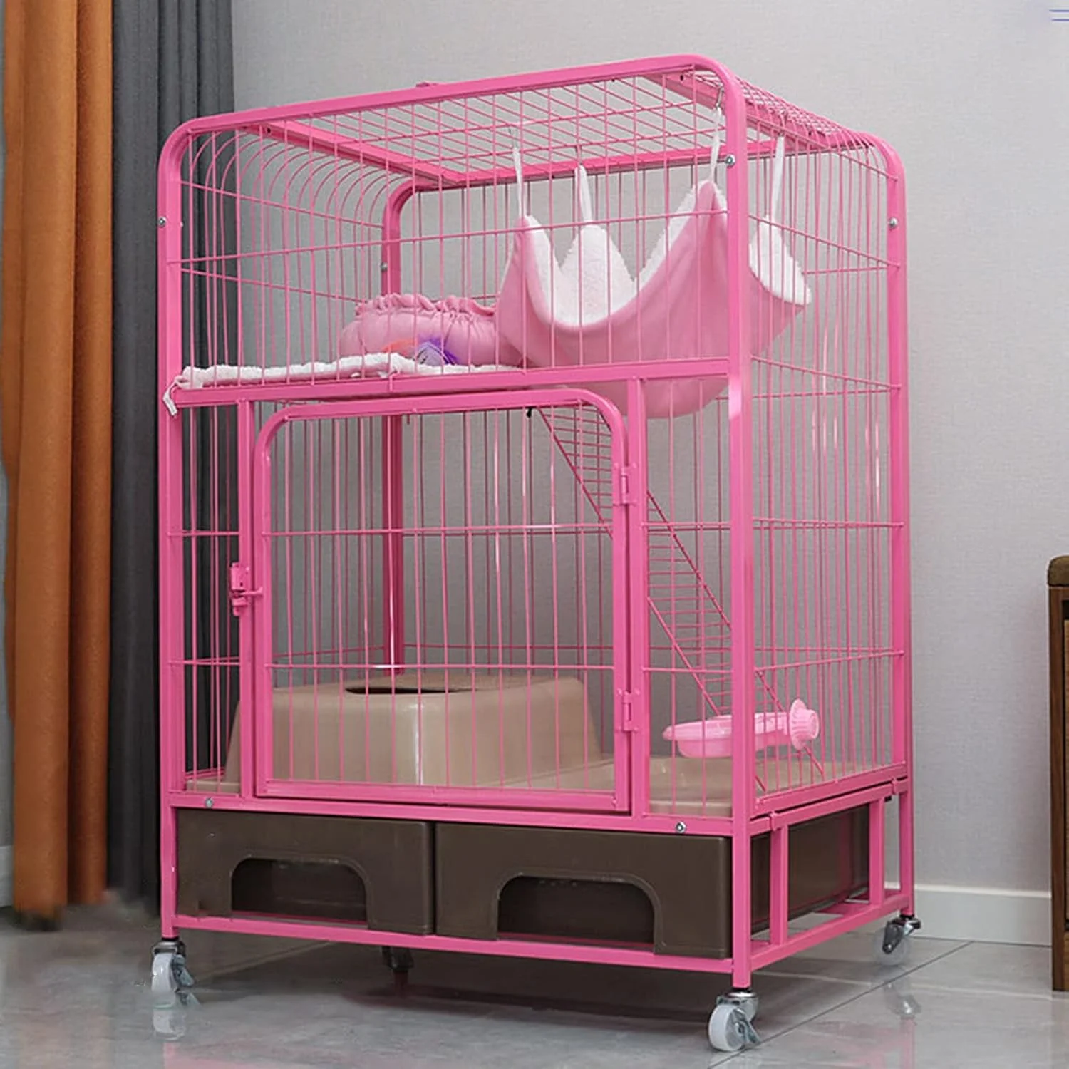 قفس گربه - قفس سگ فلزی سنگین و قوی، خانه گربه، لانه گربه، قفس فلزی تاشو برای سگ های متوسط و بزرگ، محوطه بازی حیوانات خانگی داخل و خارج از خانه (بسته دو لایه صورتی C)