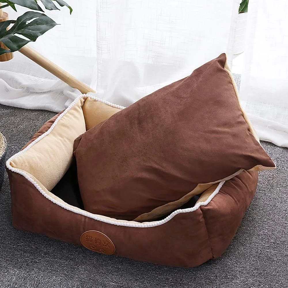 خانه سگ و گربه ترمه + پارچه ضد لغزش + پنبه الاستیک سه بعدی قابل جابجایی و شستشو لوازم حیوانات خانگی آبی + بژ چند سایز (سایز: M)