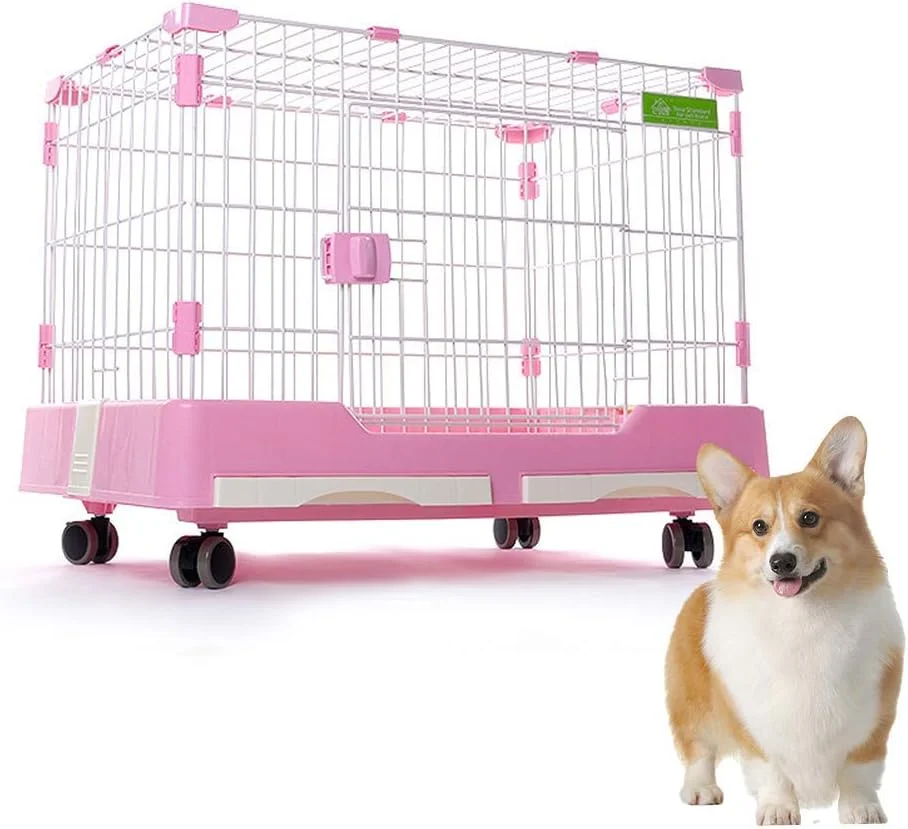 قفس سگ WYJW، باکس حمل حیوانات خانگی پلاستیکی قابل حمل با دو کشو، مونتاژ آسان برای سگ های کوچک، متوسط و بزرگ، 3 سایز و رنگ، صورتی، M