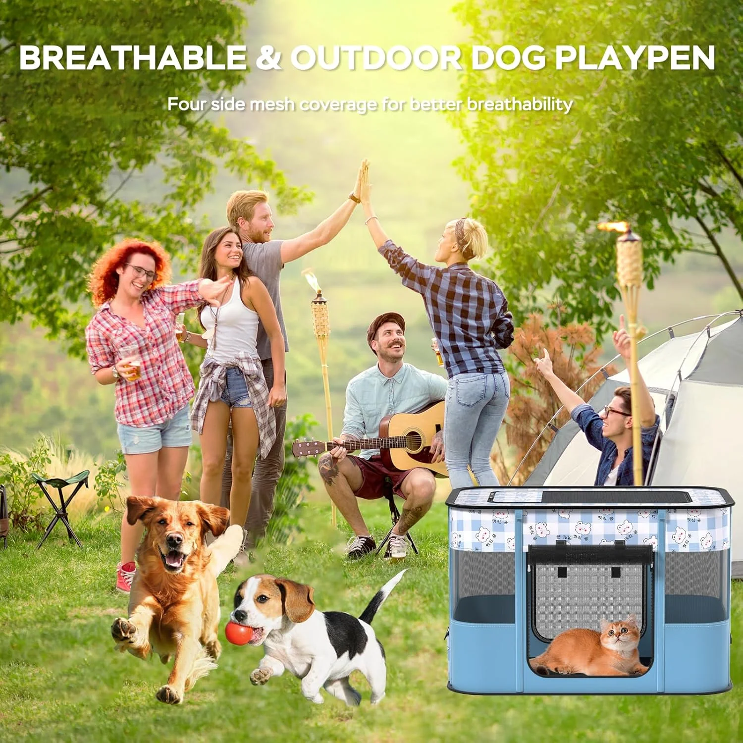 محوطه بازی تاشو سگ و گربه Carroza، خانه حیوانات خانگی برای سگ و گربه، محوطه تمرین داخلی و خارجی، چادر سگ، زمین بازی توله سگ بزرگ (M، آبی)