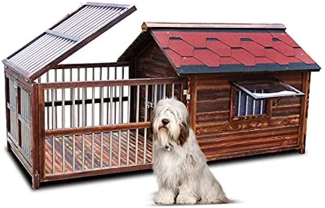 Citi Carbonized Wood Dog Kennel,Outdoor Wooden Pet Kennel, Waterproof Ventilate Dog House,Pullable Bottom Plate with Fence Area for Outdoor Use, Double Window,L