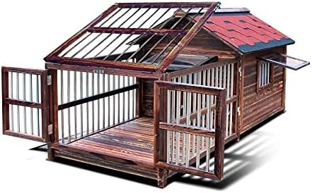 Citi Carbonized Wood Dog Kennel,Outdoor Wooden Pet Kennel, Waterproof Ventilate Dog House,Pullable Bottom Plate with Fence Area for Outdoor Use, Double Window,L
