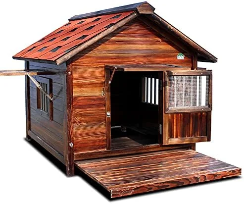 Citi Carbonized Wood Dog Kennel,Outdoor Wooden Pet Kennel, Waterproof Ventilate Dog House,Pullable Bottom Plate with Fence Area for Outdoor Use, Double Window,L