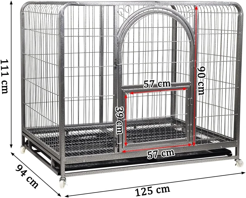 قفس فلزی حیوانات خانگی با سینی زیرین، مناسب سگ های نژاد متوسط تا بزرگ، قابل استفاده در منزل و فضای باز، درب جلویی بزرگ با درب غذاخوری، قفس سگ بسیار بزرگ با طراحی پوشش بالایی، بادوام، متحرک و نصب آسان، 125 سانتی متر