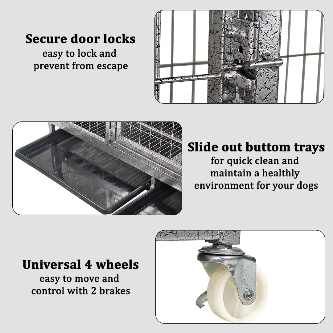 قفس فلزی حیوانات خانگی با سینی زیرین، مناسب سگ های نژاد متوسط تا بزرگ، قابل استفاده در منزل و فضای باز، درب جلویی بزرگ با درب غذاخوری، قفس سگ بسیار بزرگ با طراحی پوشش بالایی، بادوام، متحرک و نصب آسان، 125 سانتی متر
