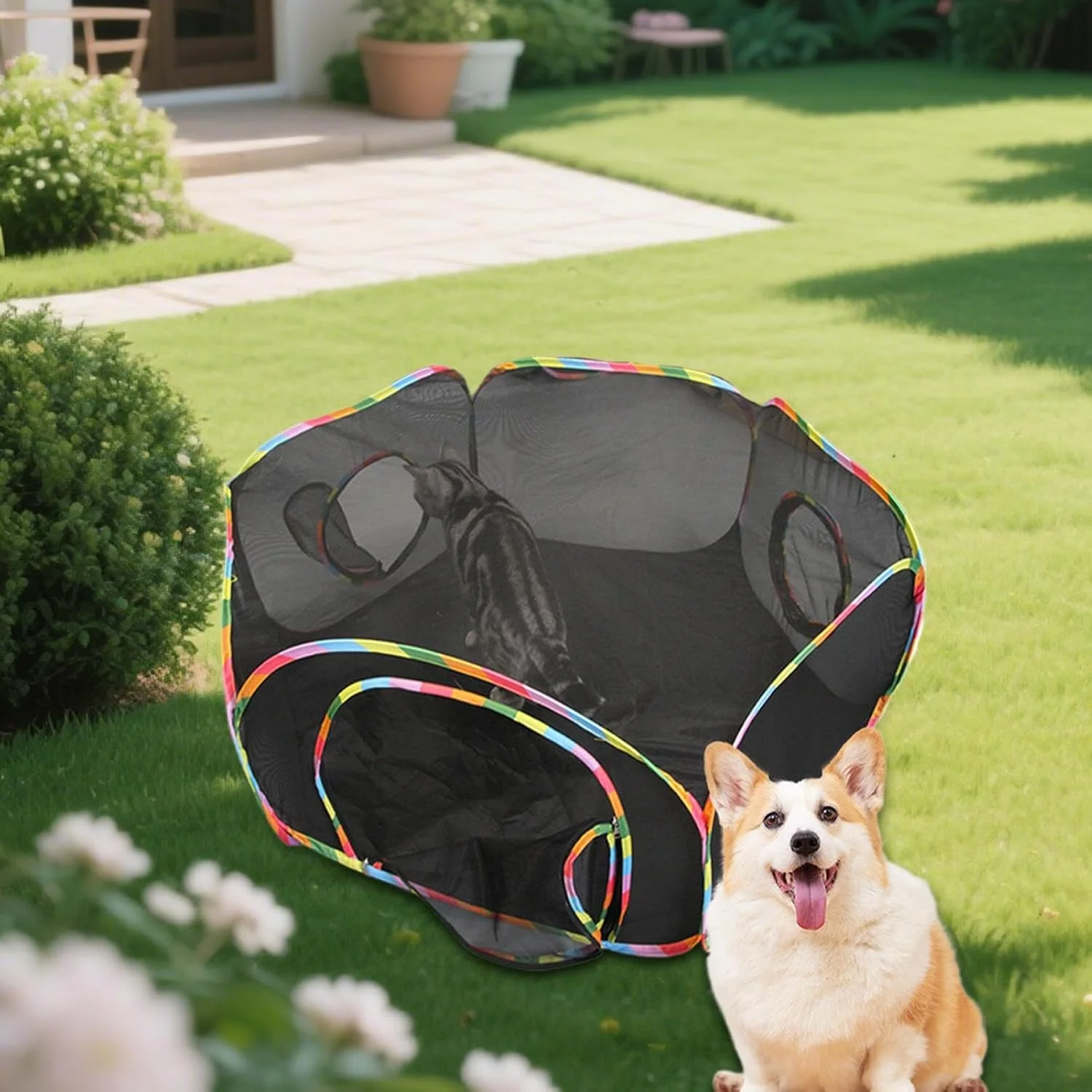 چادر گربه برای فضای باز | محوطه توری تنفسی برای گربه در حیاط، قفس بازی جادار برای حیوانات خانگی، سرگرمی ایمن و لذت بخش