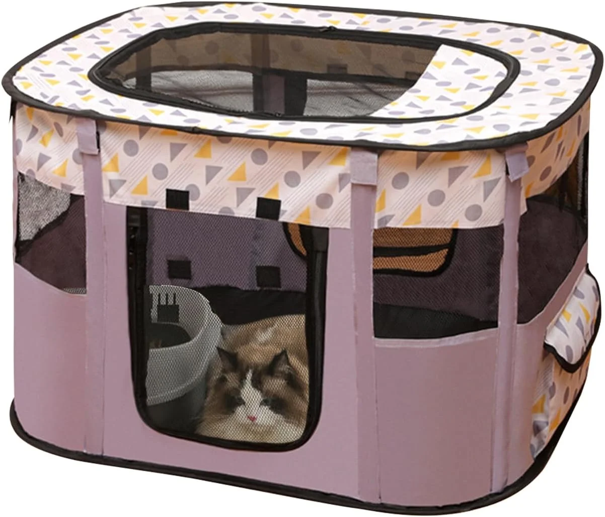 محوطه بازی تاشو قابل حمل حیوانات خانگی BOSERMEN، باکس سگ با توری زیپ‌دار جداشدنی برای استفاده در سفر، کمپینگ، داخل و خارج از خانه، محوطه بازی سگ و گربه زیبا (بزرگ، بنفش)