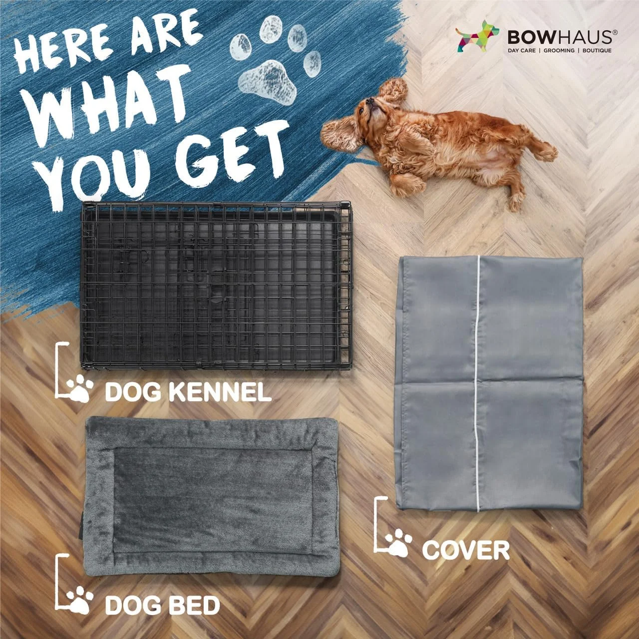 کیت باکس سگ تک درب 30 اینچی BOWHAUS شامل روکش باکس و تخت خواب نرم سگ، قفس سگ داخلی با تشت ضد نشت، باکس سگ فلزی تاشو برای سگ های کوچک و متوسط