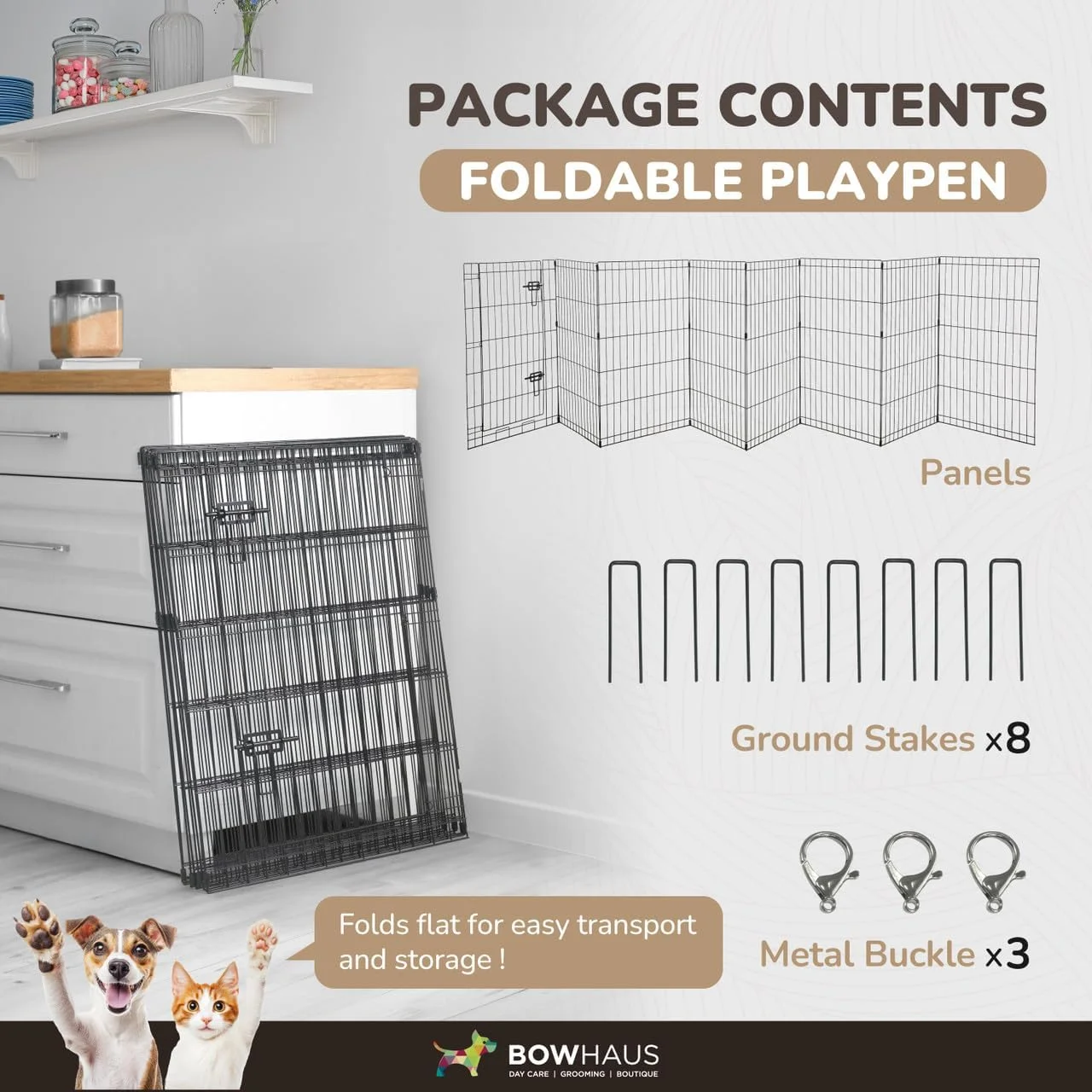 محوطه بازی تاشو حیوانات خانگی BOWHAUS با درب، قفس فلزی قابل حمل با ارتفاع 30 اینچ، قفس تمرینی سنگین 8 پنلی برای سگ های متوسط و حیوانات