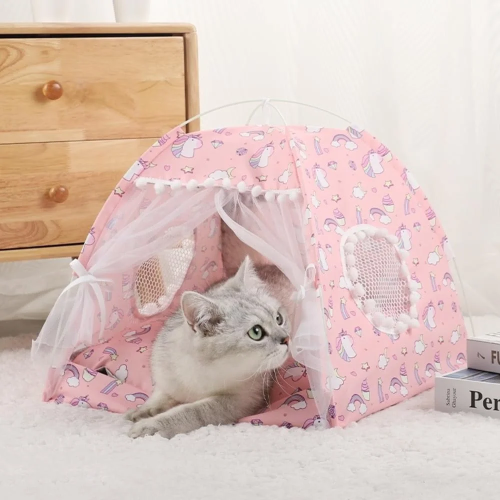 خانه سگ تخت گربه چادر توری پاپیون پنجره های تنفسی تکشاخ اسب پونی پروانه ای پرده های کارتونی داخلی خارجی قابل جابجایی تیپی حیوانات خانگی قابل حمل (متوسط، اسب پونی صورتی)