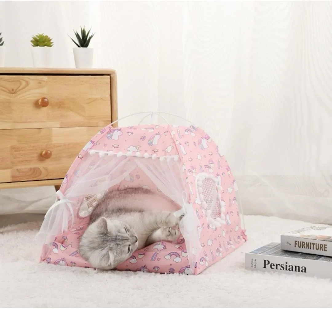 خانه سگ تخت گربه چادر توری پاپیون پنجره های تنفسی تکشاخ اسب پونی پروانه ای پرده های کارتونی داخلی خارجی قابل جابجایی تیپی حیوانات خانگی قابل حمل (متوسط، اسب پونی صورتی)