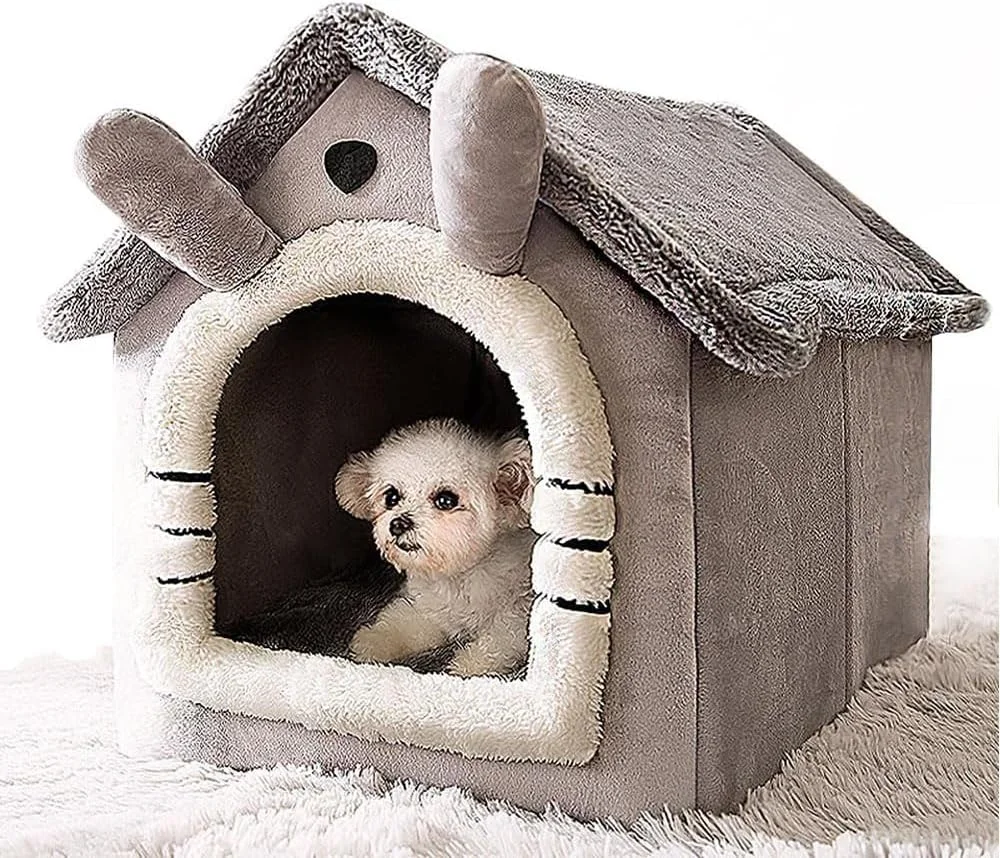 خانه سگ بولیوی، خانه سگ تاشو خاکستری 45x45x40 سانتی متر، بادوام، سبد محصولات حیوانات خانگی با نگهداری آسان، غار توله سگ، مبل، تشک تخت لانه برای سگ ها و گربه های کوچک و متوسط، لانه گربه گرم زمستانی چیواوا