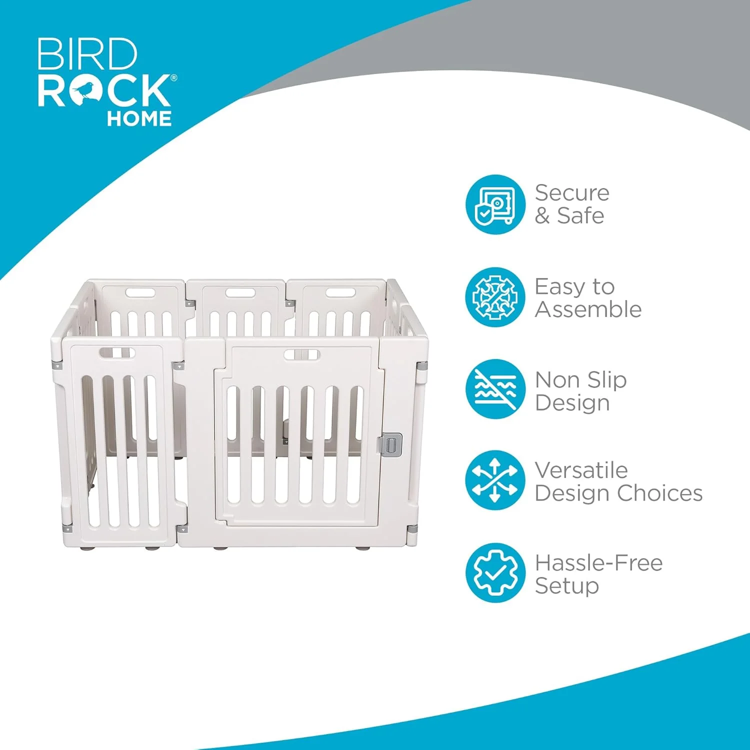 محوطه بازی سگ BIRDROCK HOME با درب، 8 پنل، ارتفاع 65 سانتی‌متر | پلاستیک مقاوم، محوطه بازی ضد لغزش توله سگ، دروازه امن حیوانات خانگی | حصار داخلی و خارجی | پنل‌های قابل تنظیم | حیوانات خانگی کوچک - سفید