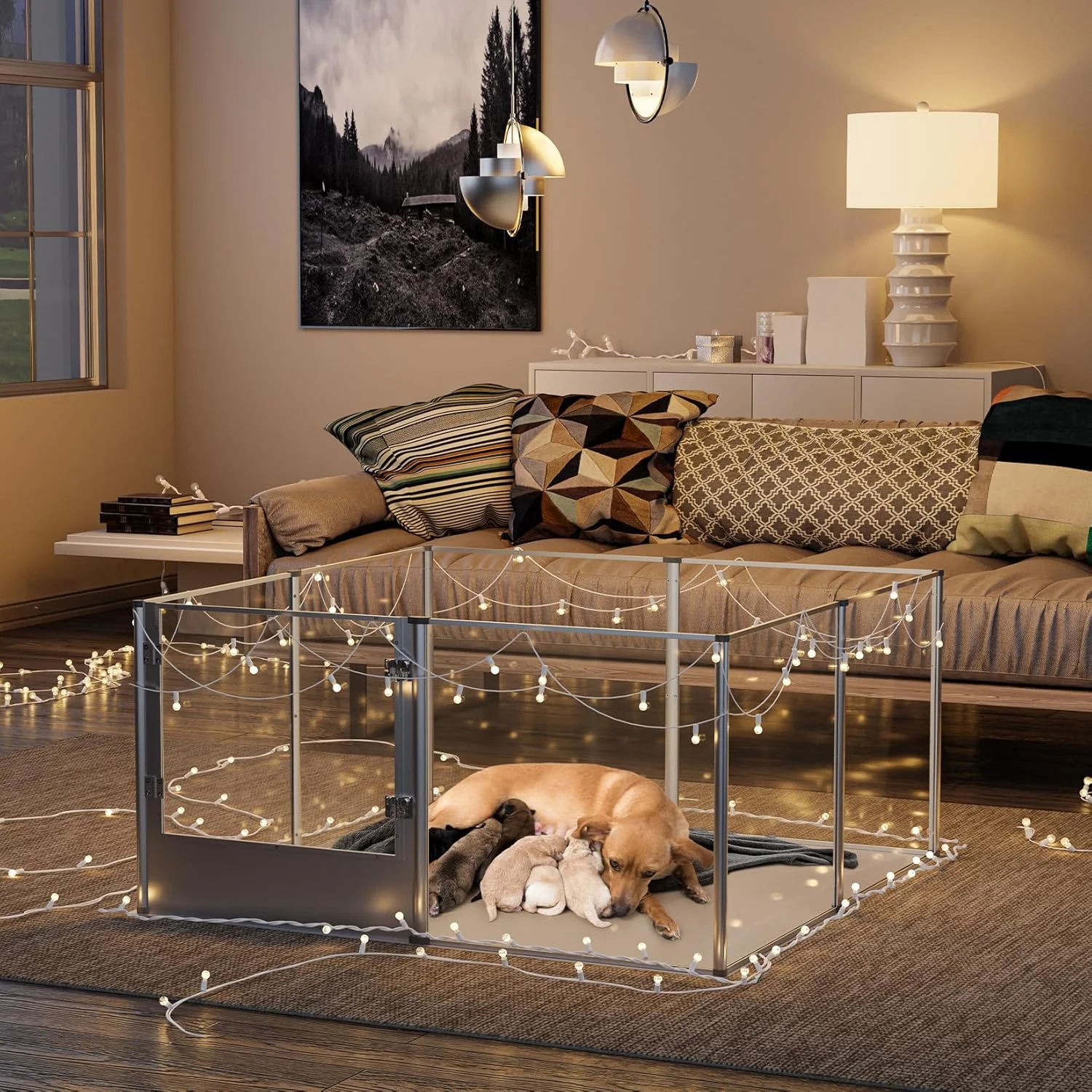 محوطه بازی سگ آکریلیک BingoPaw: محوطه بازی شفاف و مقاوم برای حیوانات خانگی، جعبه زایمان با پد ضد آب برای گربه ها، توله سگ ها، خرگوش ها، خوکچه هندی (120x120xH60cm)