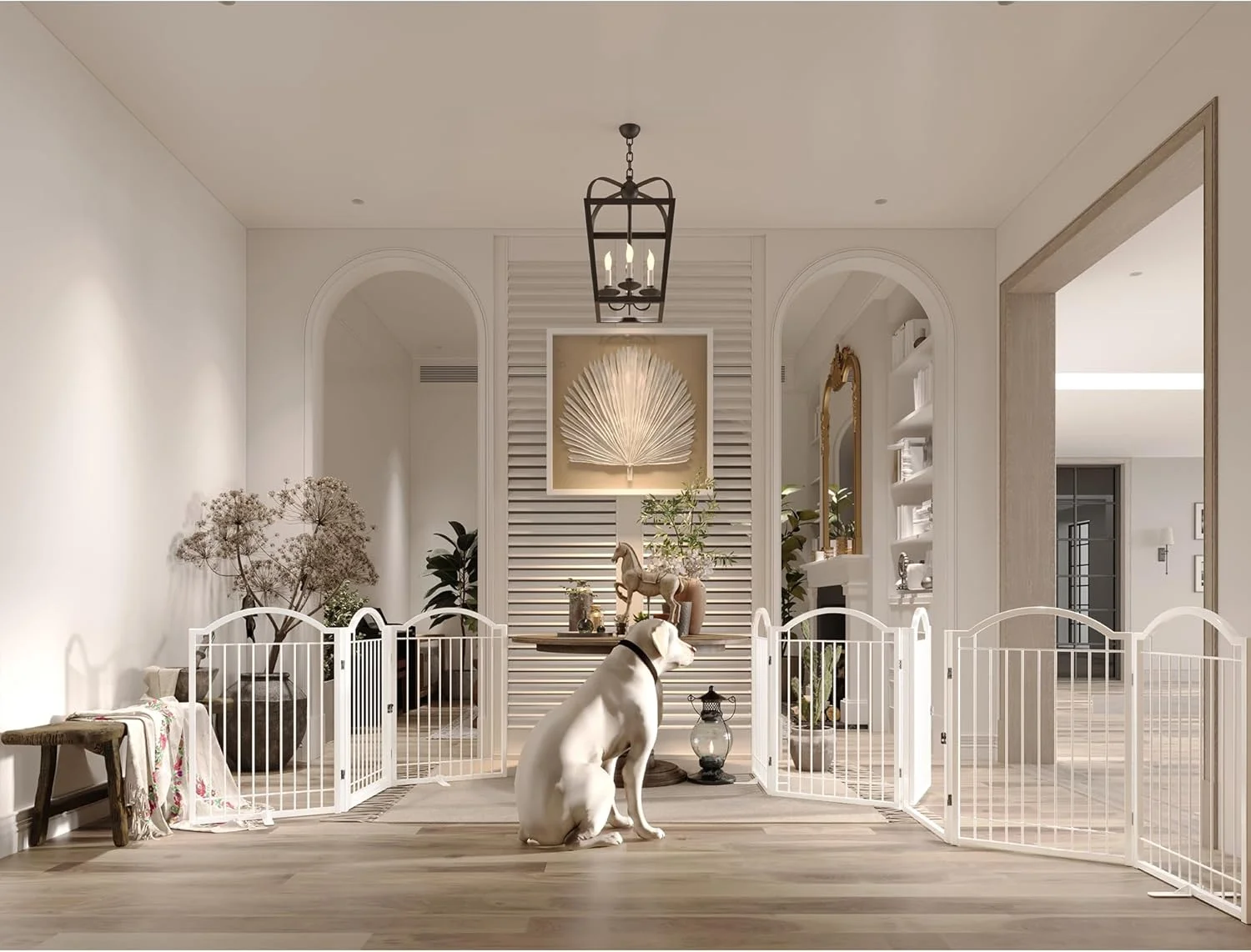 دروازه سگ فلزی بدون نیاز به مونتاژ BHG، با درب عبوری، فوق العاده عریض 305 سانتی متر، فوق العاده بلند 81 سانتی متر، حصار تاشو آکاردئونی توله سگ، با 2 عدد نگهدارنده (سفید، 5 پنل)