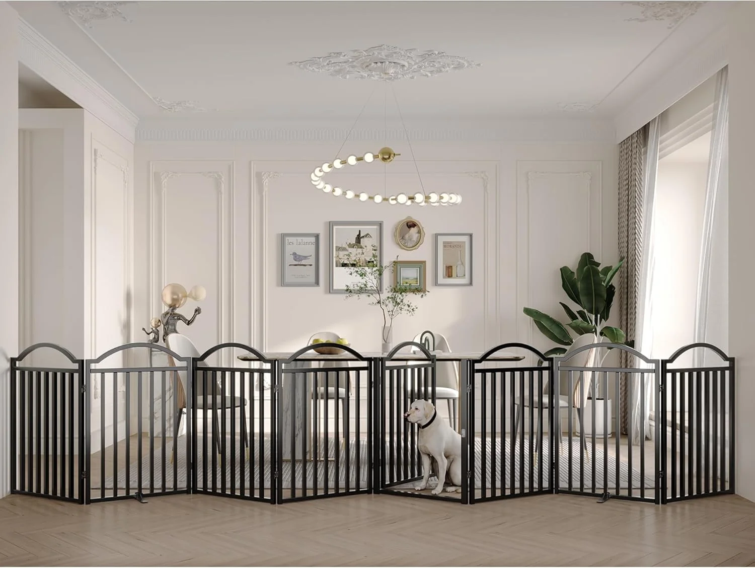 دروازه سگ فلزی بدون نیاز به مونتاژ BHG با درب عبوری، فوق العاده عریض 96 اینچ، فوق العاده بلند 32 اینچ، حصار تاشو آکاردئونی توله سگ، با 2 عدد نگهدارنده (مشکی، 8 پنل)