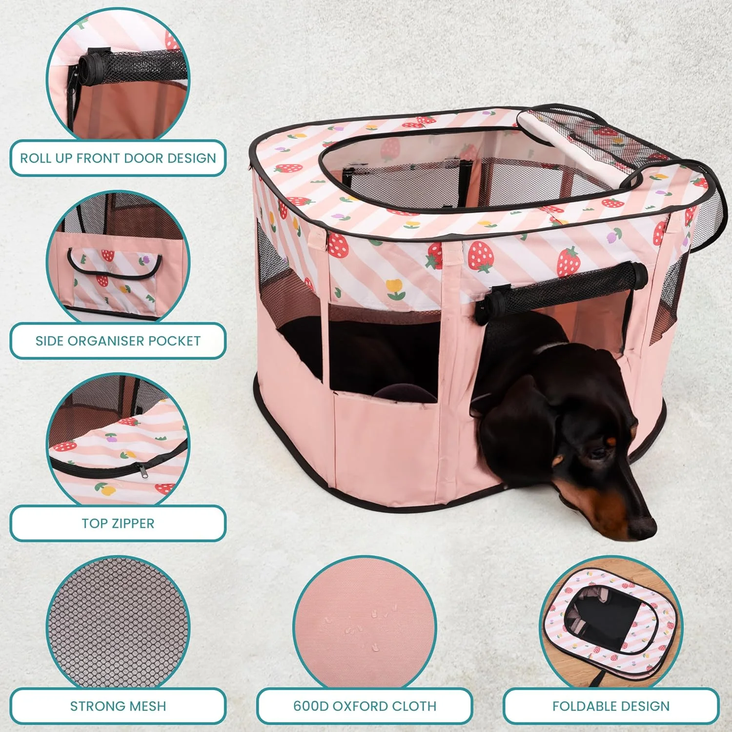 محوطه بازی تاشو صورتی Belle Vous - محوطه بازی توله سگ - محوطه بازی سگ - محوطه تمرین تنفسی - سقف جداشدنی - برای استفاده در داخل و خارج از منزل - برای سگ ها و گربه ها