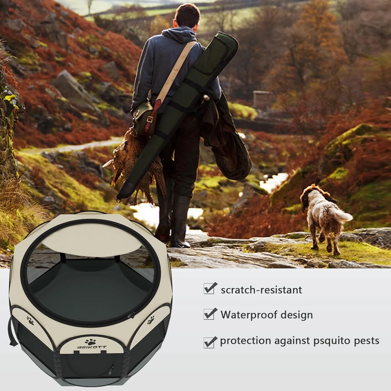 محوطه بازی حیوانات خانگی BEIKOTT، محوطه تاشو سگ، قفس تمرین قابل حمل برای توله سگ/سگ/گربه/خرگوش، چادر بازی سگ با سایه بان توری قابل جابجایی برای استفاده در فضای داخلی و خارجی (بزرگ)