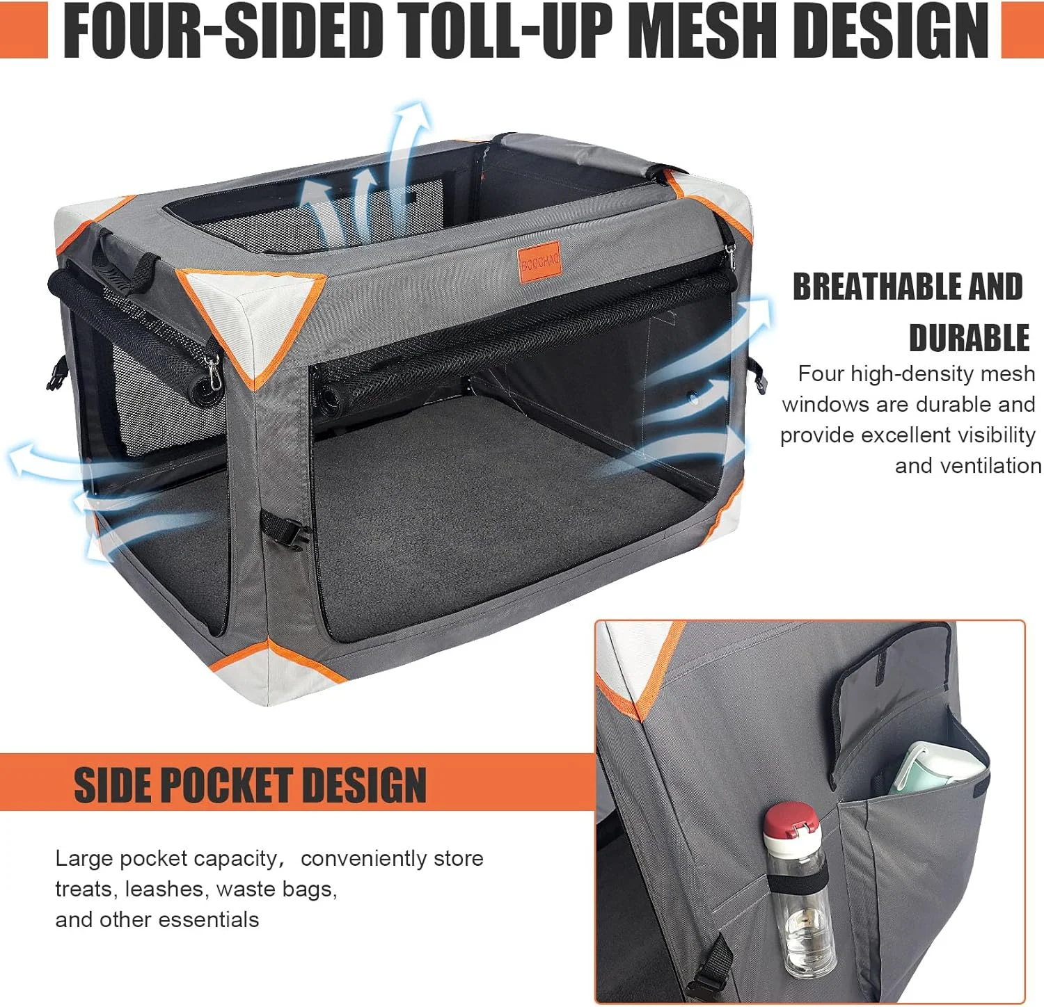  باکس تاشو سگ BCOCHAO - باکس های قابل حمل سگ برای سگ های کوچک و متوسط​​، باکس مسافرتی حیوانات خانگی 4 در، محکم/قابل تنفس/راحت، داخل و خارج از منزل و صندلی عقب خودرو. پتوی نرم سگ